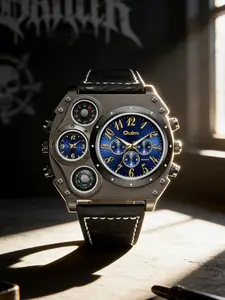 Steampunk Vintage Industrial Multifunction Watch, Asymmetric Silver Color Alloy Case, Crocodile Leather Strap, Fashion Timepiece