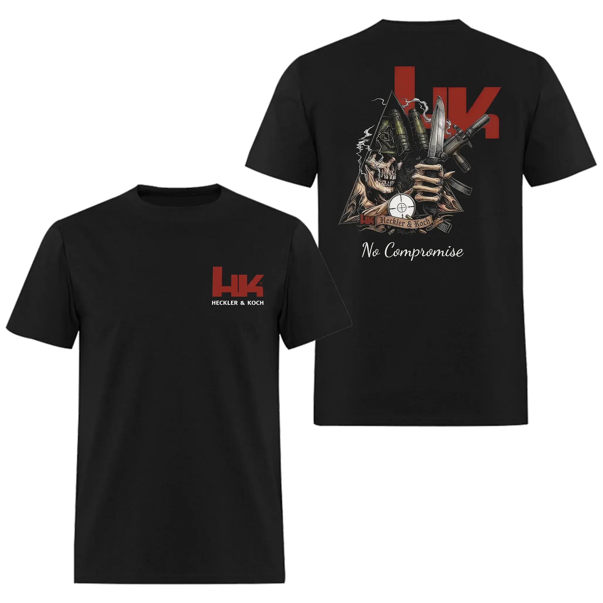 Heckler & Koch HK No Compromise Crew Neck Tactical T-Shirt - Skull Graphic, DTG Printing, Baggy Fit, 2XL, Alpha Mindset, Military Dark Streetwear, Casual Outfit Gift for Men (None Tag/Label Option)