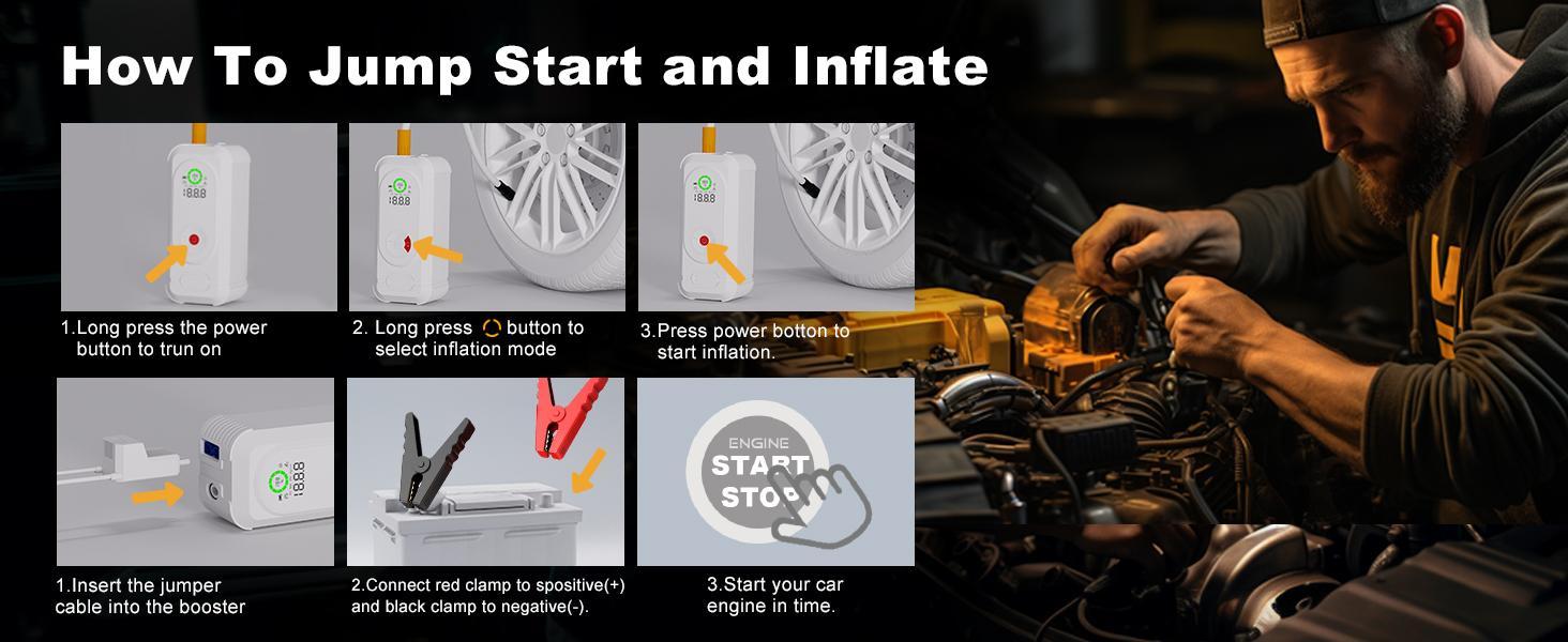 6000A Jump Starter with Air Compressor, Car Battery Jump Starter Portable (10.0 Gas/10.0L Diesel), 150 PSI 12V Car Battery Jump Box with Tire Inflator, Jumper Cables, LED Light, LED Display
