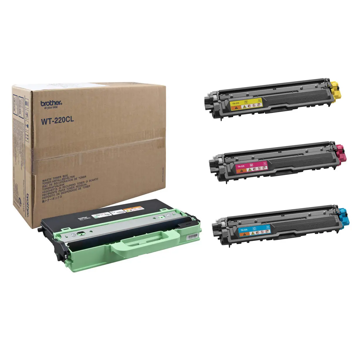 Brother FC9340CDW Toner KIT 1 Consists Of TN225C High Yield Cyan Toner, TN225M High Yield Magenta Toner, TN225Y High Yield Yellow Toner, Brother WT220CL Waste Toner Box