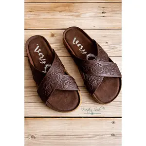 Very G Jaycee 2 Cross Strap Slip-On Western Sandal – Tooled Vegan Leather