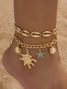 Fashion Beach Vacation Shell Starfish Pearl Multi-Pendant Anklet Set, Dual Layer Stackable, 2 Piece Jewelry Accessory