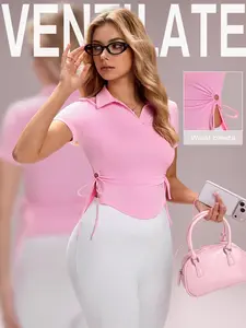 Women's Sporty Polo Shirt Tight-Fitting Elastic Long Sleeve Collared Top, Athletic Fashion Activewear, Athletic Style Activewear, Stylish Casual Wear for Everyday Use