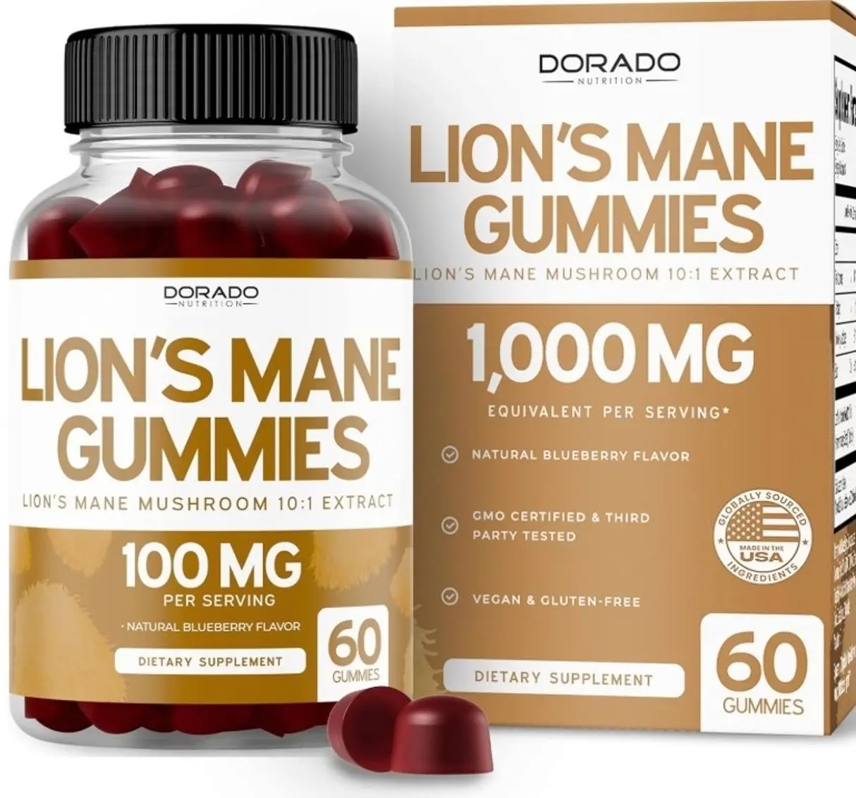 Lions Mane Mushroom Gummies (60 Count) Focus Gummies & Brain Mushroom Supplement for Adults - Delicious Blueberry Flavor - Premium Lions Mane Supplement - Third Party Tested, Vegan Safe & USA Made
