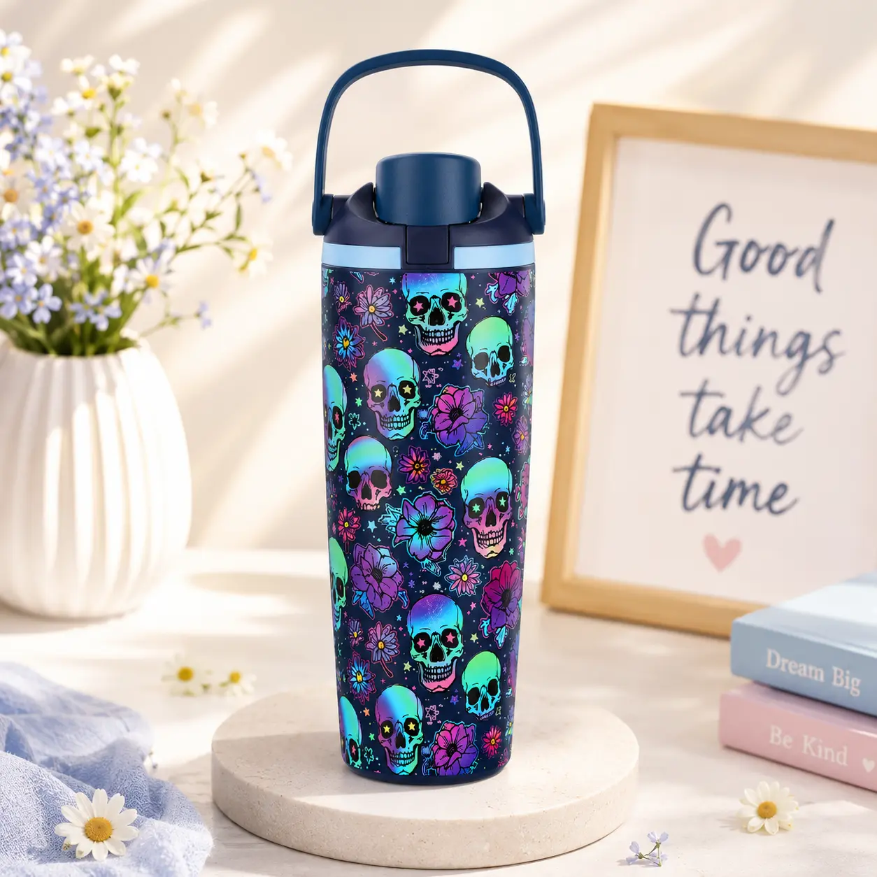 Owala Skull Fire 32oz FreeSip Water Bottle, Neon Skull Floral Print Insulated Stainless Steel Tumbler