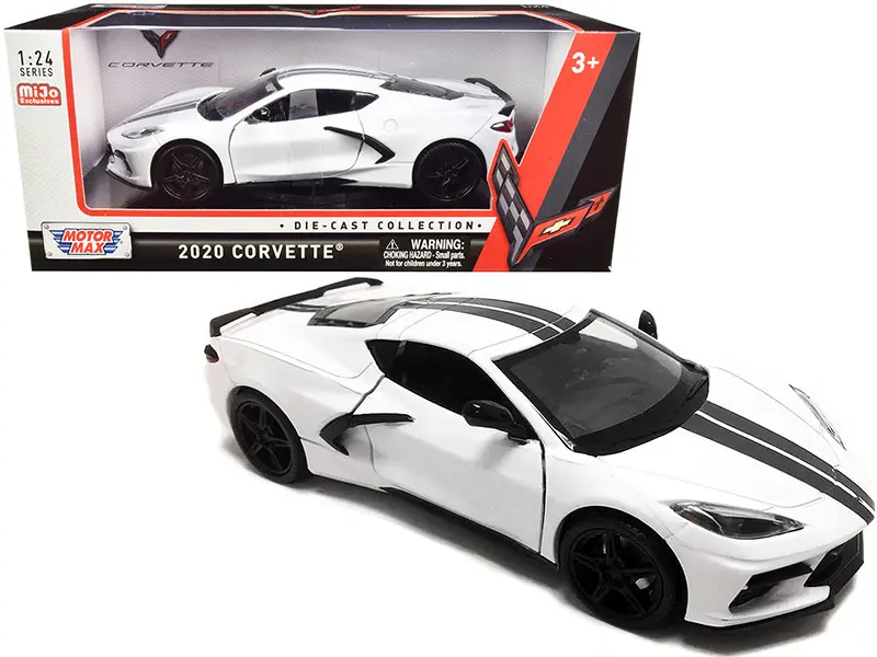 2020 Chevrolet Corvette C8 Stingray White with Gray Stripes 1:24 Diecast Model Car by Motormax
