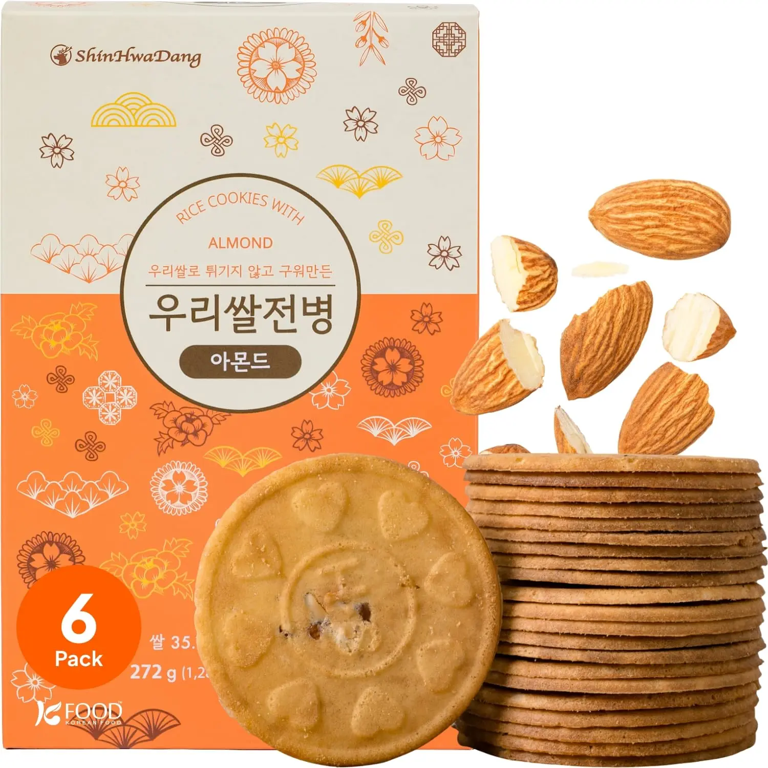 Korean Food Shinwhadang Rice Wafer Snacks Almond Flavor, Crispy Oven-Baked Korean Rice Crackers, 6 Packs