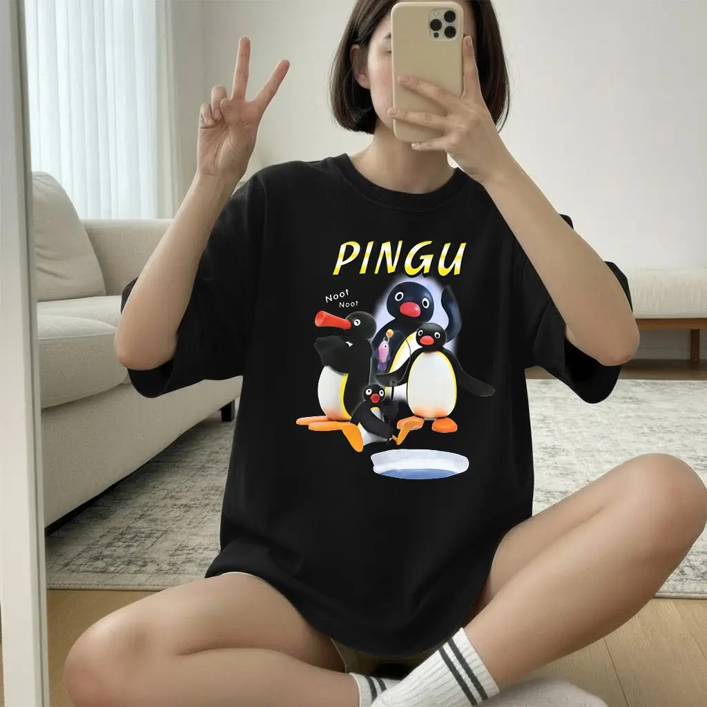Pingu Noot Black Y2k Graphic Tee, Penguin Character Catchphrase Noot Noot Cartoon Unisex T-shirt