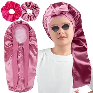 F-HDW27  Long Kids Bonnets for Girls,Double Layer Satin Bonnet for Sleeping Kid,Bonnet for Girl Braids Long Hair Rose Gold