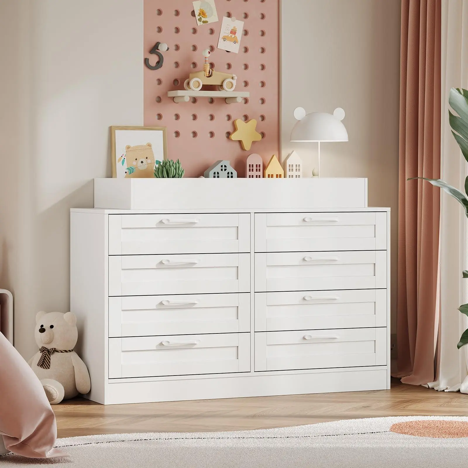 Wooden Baby Drawer Chest Dresser - 8-Drawer Nursery Changing Table Station with Open Shelf