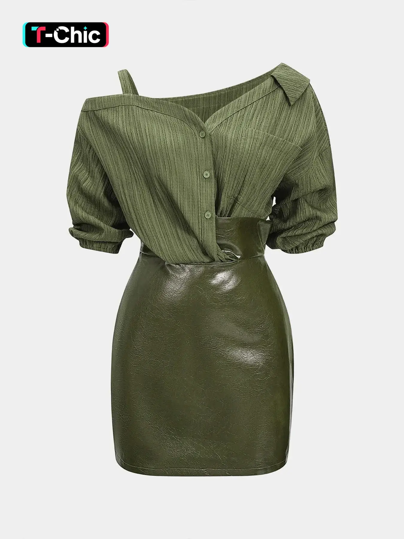 1 Piece Bodycon Minimalist Mini Dress Chic Elegant Fit for Women, Womenswear Asymmetrical Off Shoulder Collared Shirt Top Faux Leather Patchwork High Waist Dress, Figure Flattering Dress for Club Party Date Night Music Festival Daily Wear
