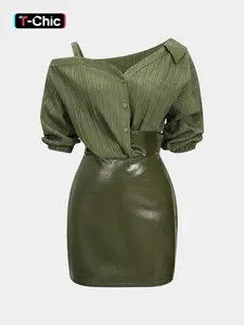 1 Piece Bodycon Minimalist Mini Dress for Women, Womenswear Asymmetrical Off Shoulder Collared Shirt Top Faux Leather Patchwork High Waist Dress, Figure Flattering Dress for Club Party Date Night Music Festival Daily Wear