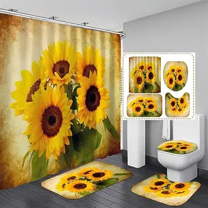1/4pcs Retro Minimalist Sunflower Theme Decorative Shower Curtain Set, includes a non-slip mat, U-shaped rug, and toilet seat cover. Perfect for bathroom decoration, partitioning, and beautifying the space. Comes with 12 shower curtain hooks.