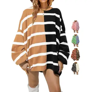Women's striped hooded sweatshirt, round neck, long sleeved knit, color blocked casual loose fit women's sportswearRAIMENTRY