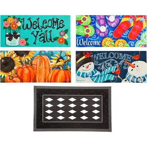 Sassafras Doormat Insert Bundle & Tray Set of 5, Spring Summer Fall Winter Interchangeable Entrance Door mats Indoor and Outdoor Welcome Mat 30 x 18 Tray Non Slip Backing Low Profile