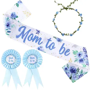 1Set Floral Baby Shower Decorations Boy Blue Floral Mom to Be Maternity Sash Mom Dad to Be Button Tinplate Badge Pin Flower Crown Headband for Floral Baby Shower Gender Reveal Party