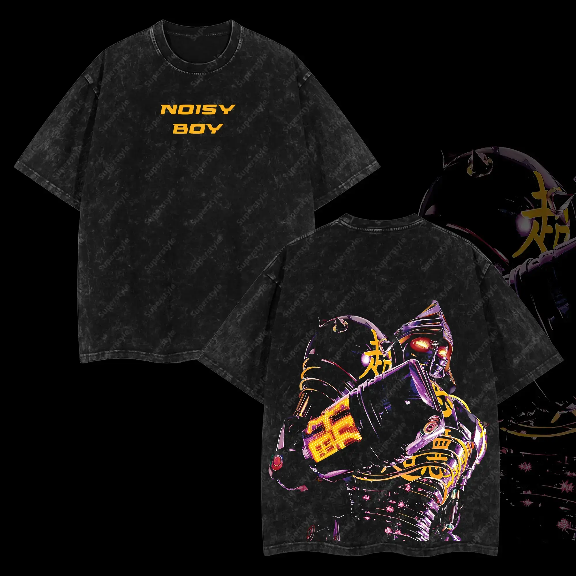 Men's Classic Seamless Short-Sleeve Round Neck Soft Graphic Tee - Superstyle Collection Noisy Boy Real Steel Edition, Double-Printed Acid-Washed Lightweight Cotton Casual Streetwear Menswear Top