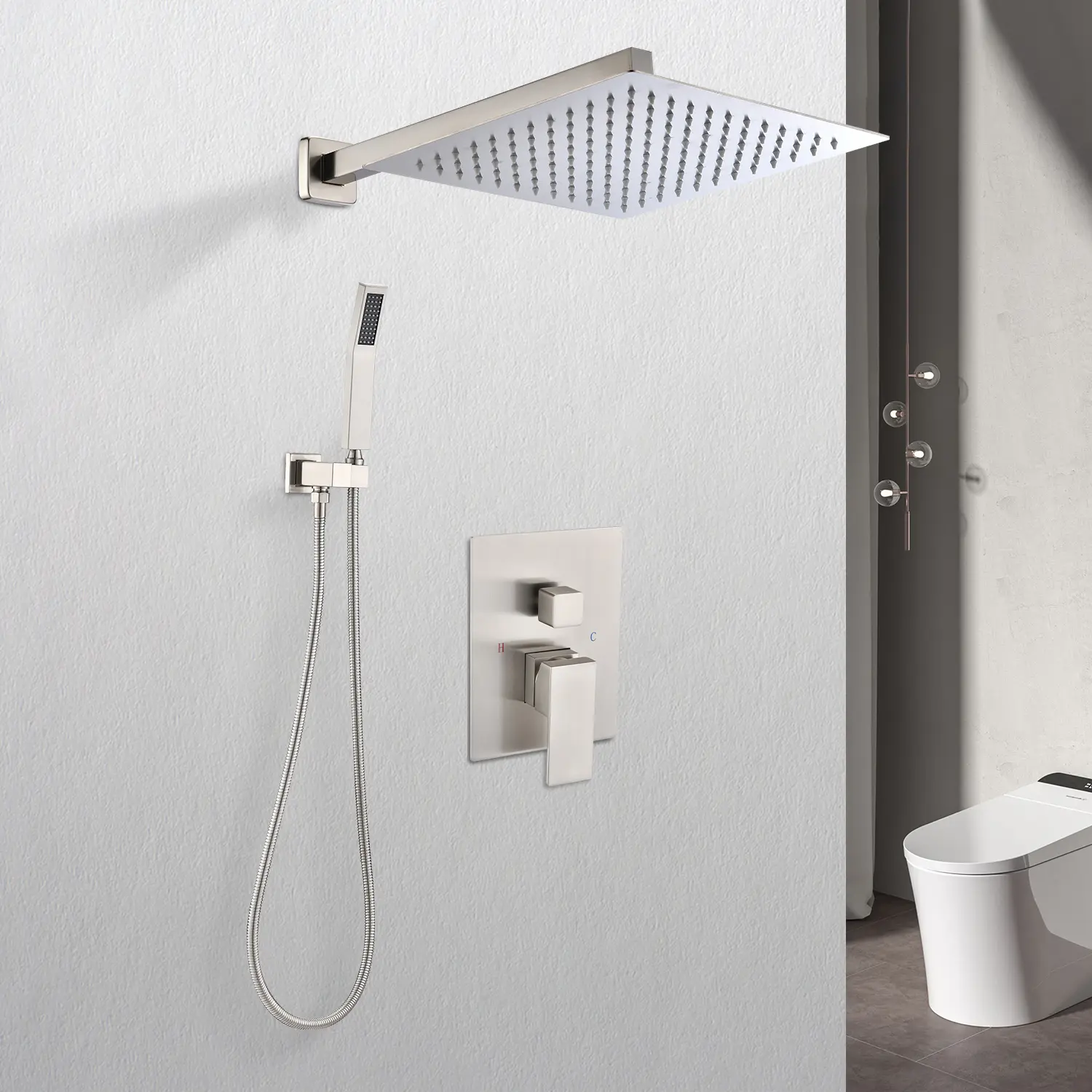 12-in Sturdy Wall-Mounted Rain Shower System, American Standard Pipes, Self-Cleaning Silicone Nozzles, Natural Rain Water Flow Bathroom Plumbing Fixture with Natural Experience