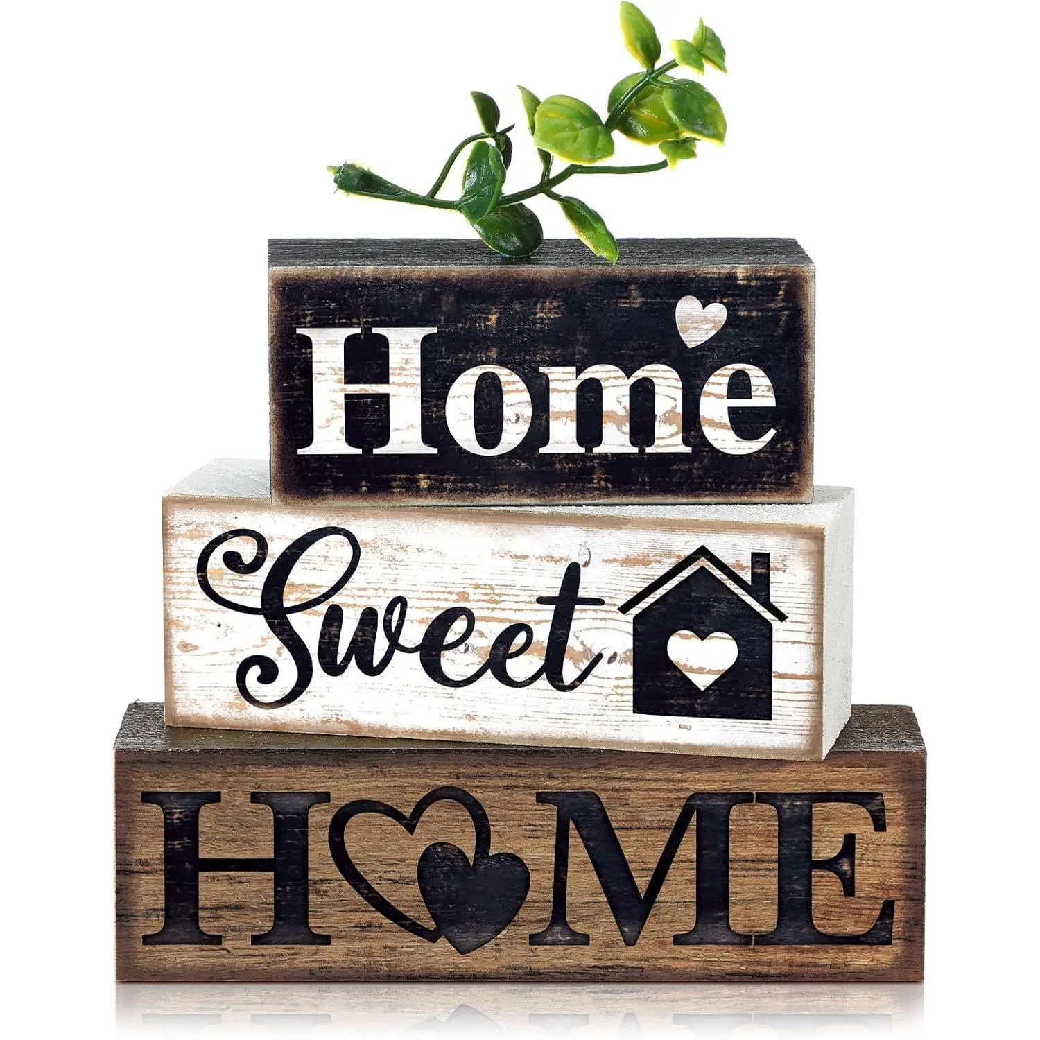 Farmhouse 4-Piece Wooden Tabletop Signs Set - Retro Rustic Design Eucalyptus Leaves Wood Block Decor, Daily Home Sign Wall Decor, Multi-Size Sweet Home Centerpiece Gift