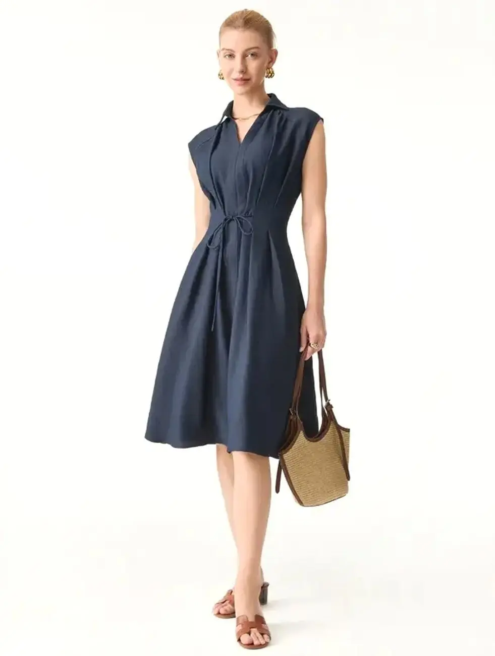 OGL Viscose-Linen Collared V-neck Midi Dress with Drawstring - New in box - The biggest flash sale 2026!!