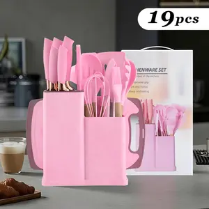 Luxury Scandinavian Style 19 Piece Kitchen Utensils Set with Knives - Elegant Silicone and Wooden Handle Cooking Tools with Organizer Pink & White Pots and Pans Included combination Cookware Nonstick Black