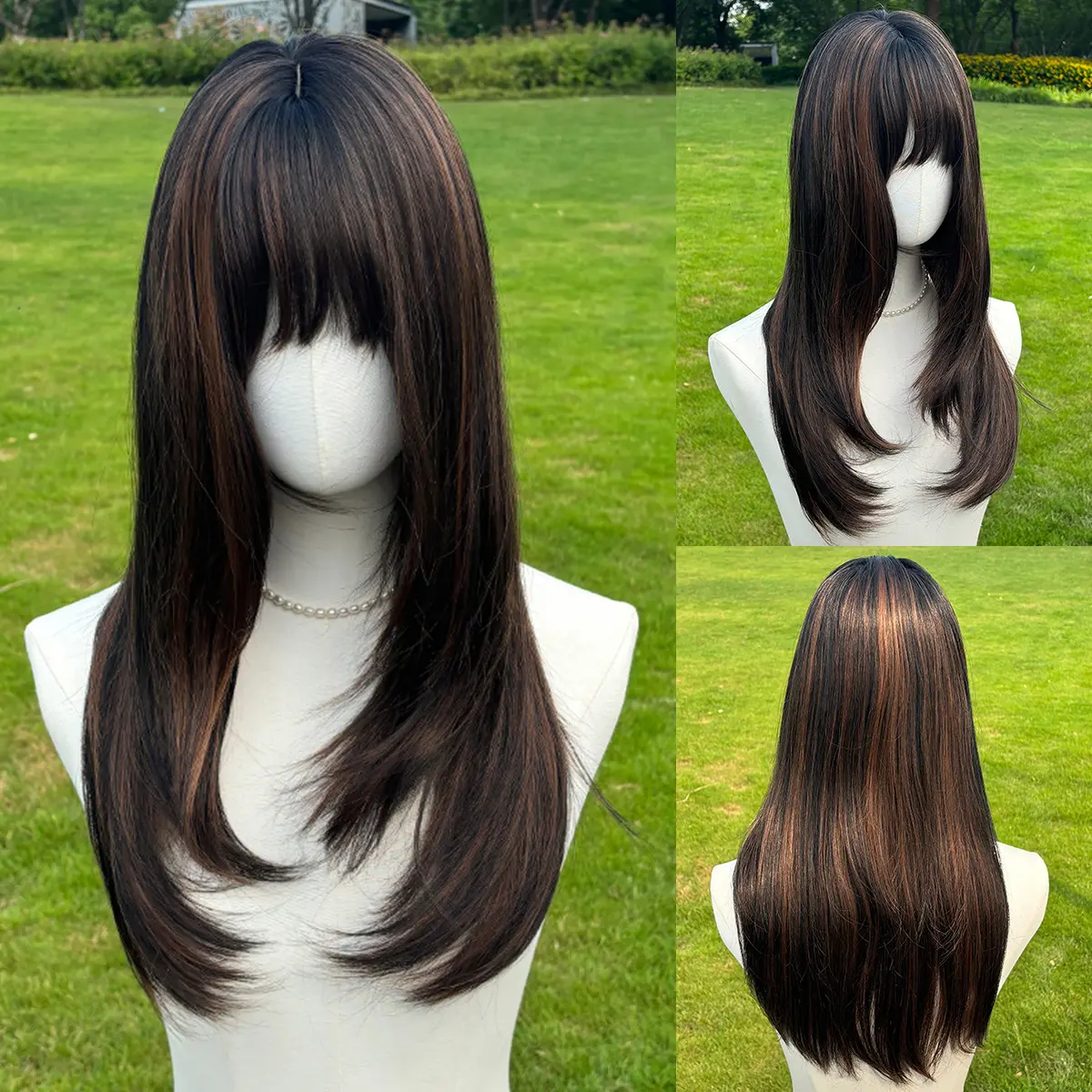 SMILCO/24Inch Layered Highlight Brown With Blonde Long Straight With Bangs Synthetic Wig/SM479