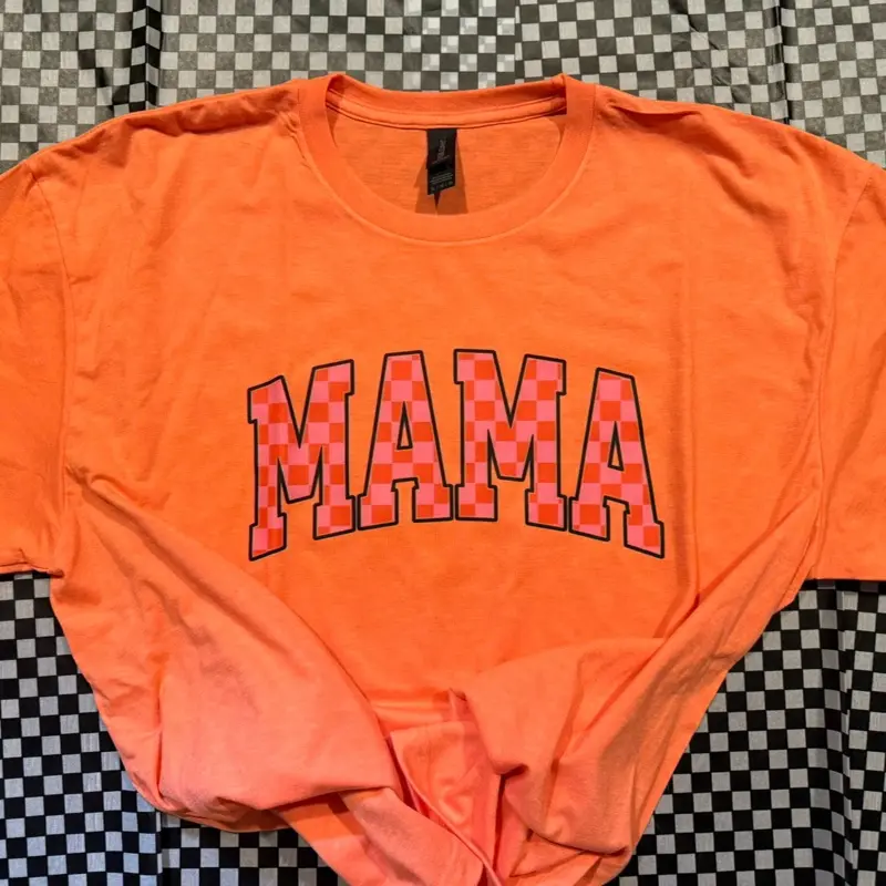 Checker Mama Tee - Orange T-Shirt with Bold Checkerboard "MAMA" Print