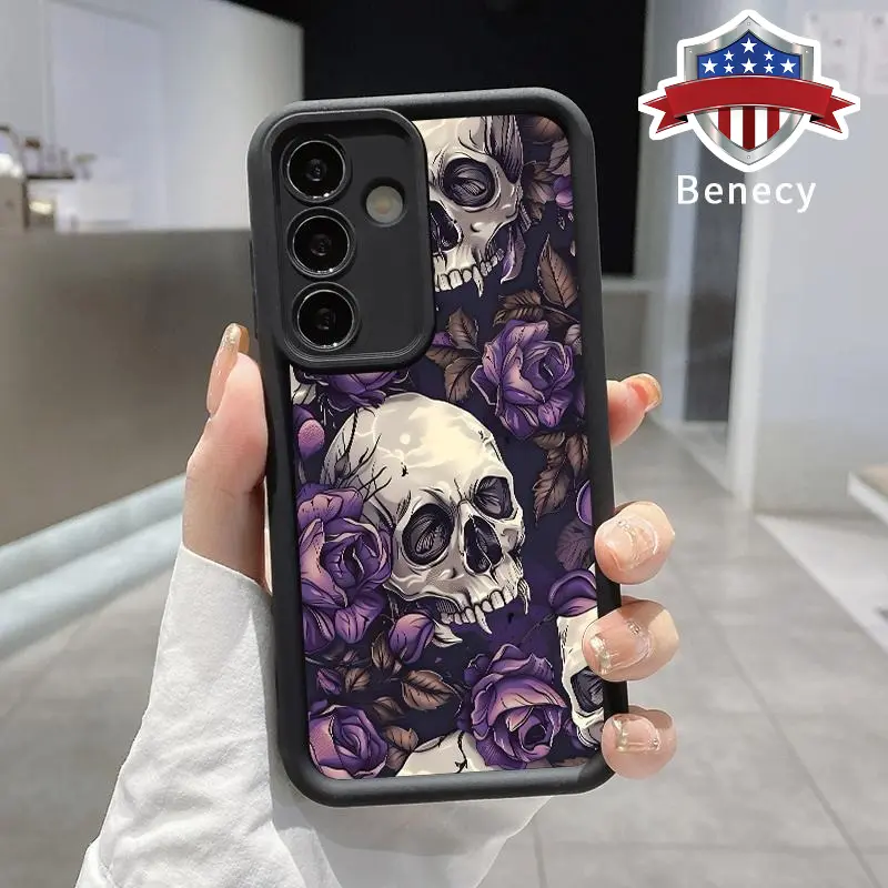 Durable Protective Cellphone Case for Galaxy S22+, S23 Ultra, S24 Plus, S25 - Purple Rose Skull Pattern, Shockproof Silicone TPU Bumper, Drop Safety Casing, Phone Accessories, Devices