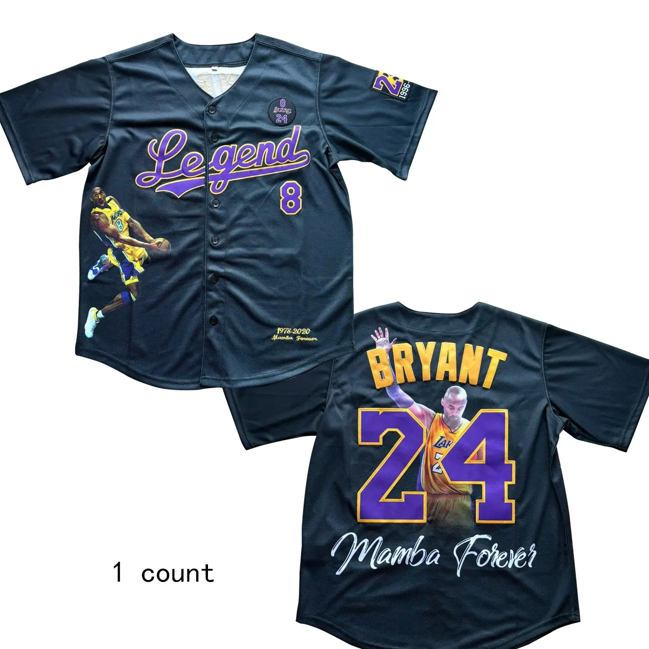 Men's Bryant Portrait Tribute Baseball Jersey, Stylish Jersey-Style Casual Top, Sport Top, V-Neck, 1996-2016 Legend Embroidery, Cool Mesh Breathable Knit Fabric, New Black Senior Sports T-Shirt