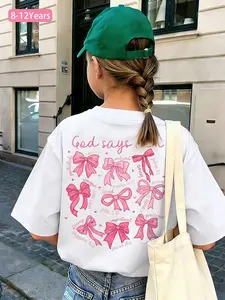 Girls' "God Says I Am" Faith T-shirt, White Loose Short-sleeve Top with Pink Bow and Scripture Prints on Front and Back, Casual Summer T-shirt, Cute Graphic Tee for Ages 8-12