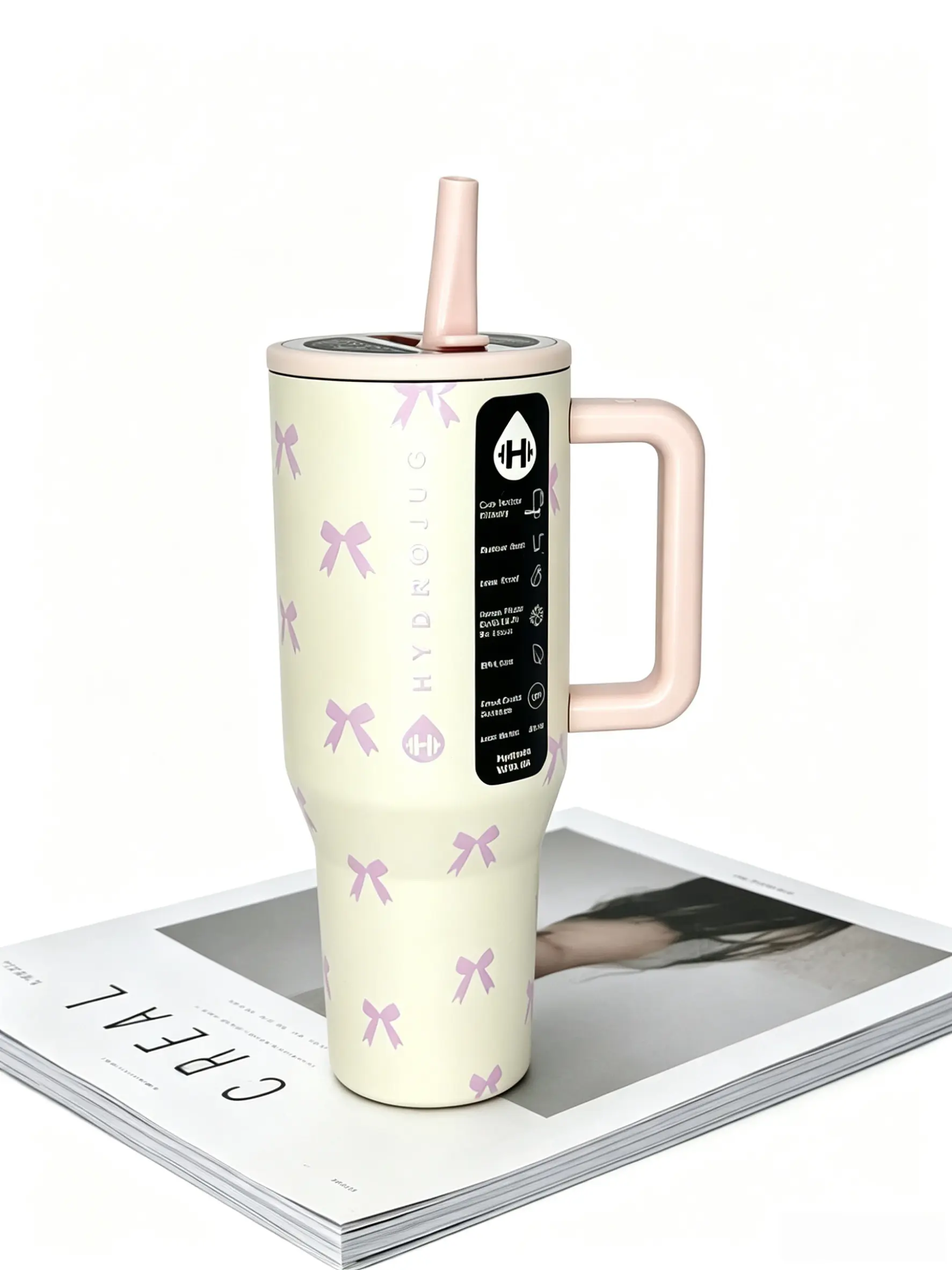 HydroJug 40oz Portable Insulated Stainless Steel Vacuum Flask Tumbler - BPA-Free, Leakproof, Stylish Drinkware with Handle, Straw, Pink Bow Print, 24H Cold Retention, Cup Holder Friendly for Gym, Car