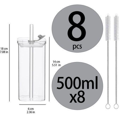 8 Sets Modern Square Ribbed Glass Cups with Lids & Straws, Versatile Clear Drinkware for Coffee Juice Cocktail, Must-Have Home Bar Gift & Valentine’s Day Surprise