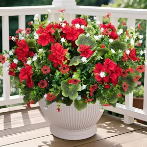 10 pieces of red realistic artificial flower plants, UV-resistant synthetic flowers, mixed fake silk flower plastic plants, UV-resistant, suitable for summer garden, porch, courtyard, flower pots, tables, home decoration, Decorative Artificial Flower