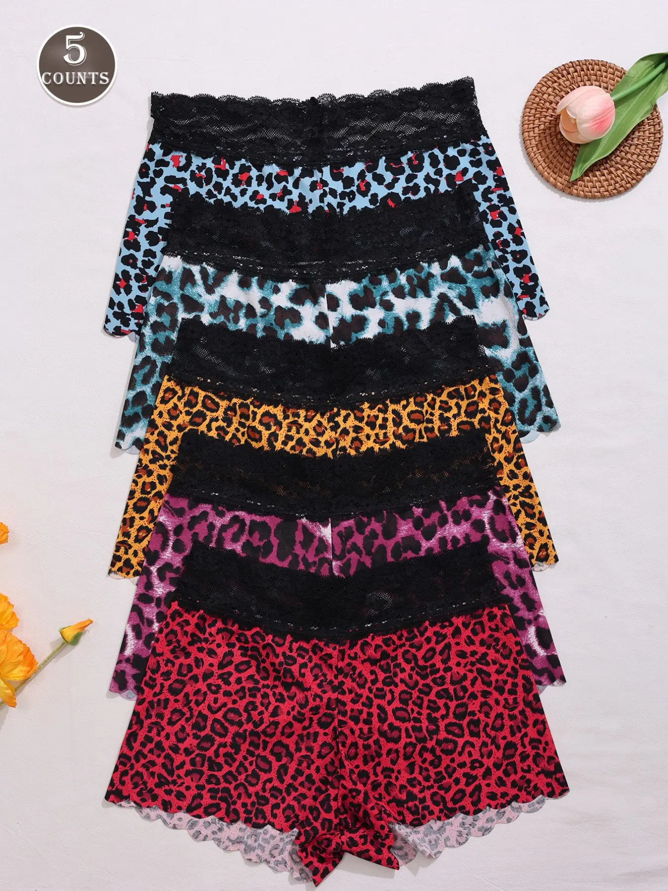 Women's Wave Hem Leopard Lace Patchwork Comfortable Mid Waist Briefs, 5 Piece Set, casual soft panties, Stylish Knitted Stretch Underwear for Everyday Wear, Soft Comfy Panties, Fashion Comfy Underwear