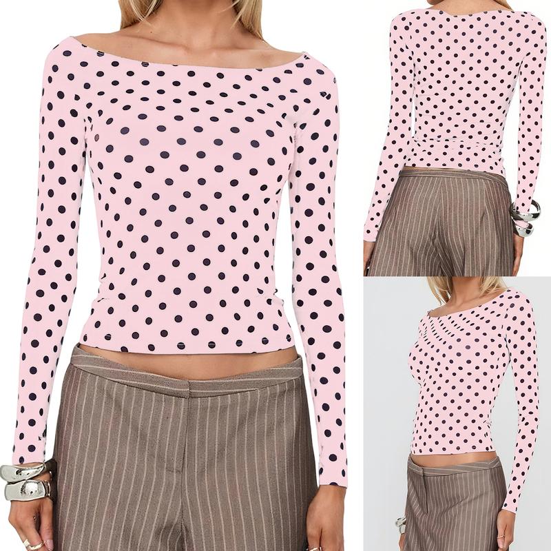Women's Dot Print Crop Top | Fall Long Sleeve Crewneck Pullover, Casual Going Out Shirt