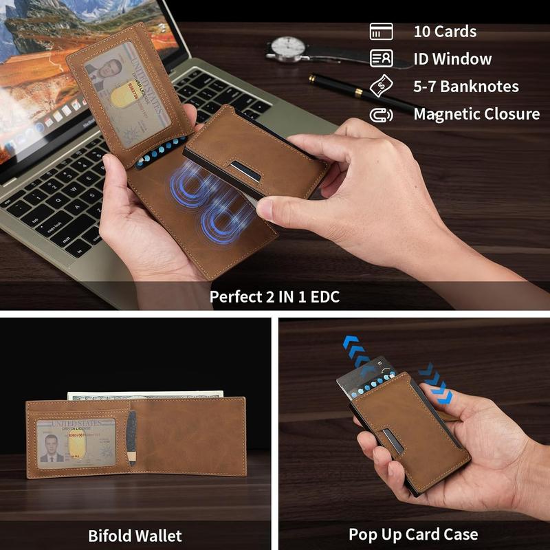 Airtag Wallet for Men, 2 in 1 Detachable MagSafe Minimalist Wallet, Pop Up Card Holder, RFID Blocking Bifold Wallets for 10 Cards & with ID Window, Mens , Brown Airtag Wallet for Men, 2 in 1 Detachable MagSafe Minimalist Wallet, Pop Up Card Holder, RFID Blocking Bifold Wallets for 10 Cards & with ID Window, Mens , Brown