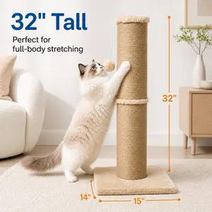 Sisal Cat Scratching Post for Indoor Cats & Kittens, 5.5" Diameter Heavy Duty Vertical Scratcher, 32 Inch Extra Tall Furniture Protector with Stable Base, Yellow