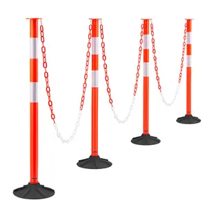 VEVOR 4 Pack Traffic Delineator Posts, 34 in Traffic Safety Cones with Weighted Base, Reflective Strips and Chain, Heavy Duty Delineator Posts for Construction Site, Parking Lot, Crowd Control, Red
