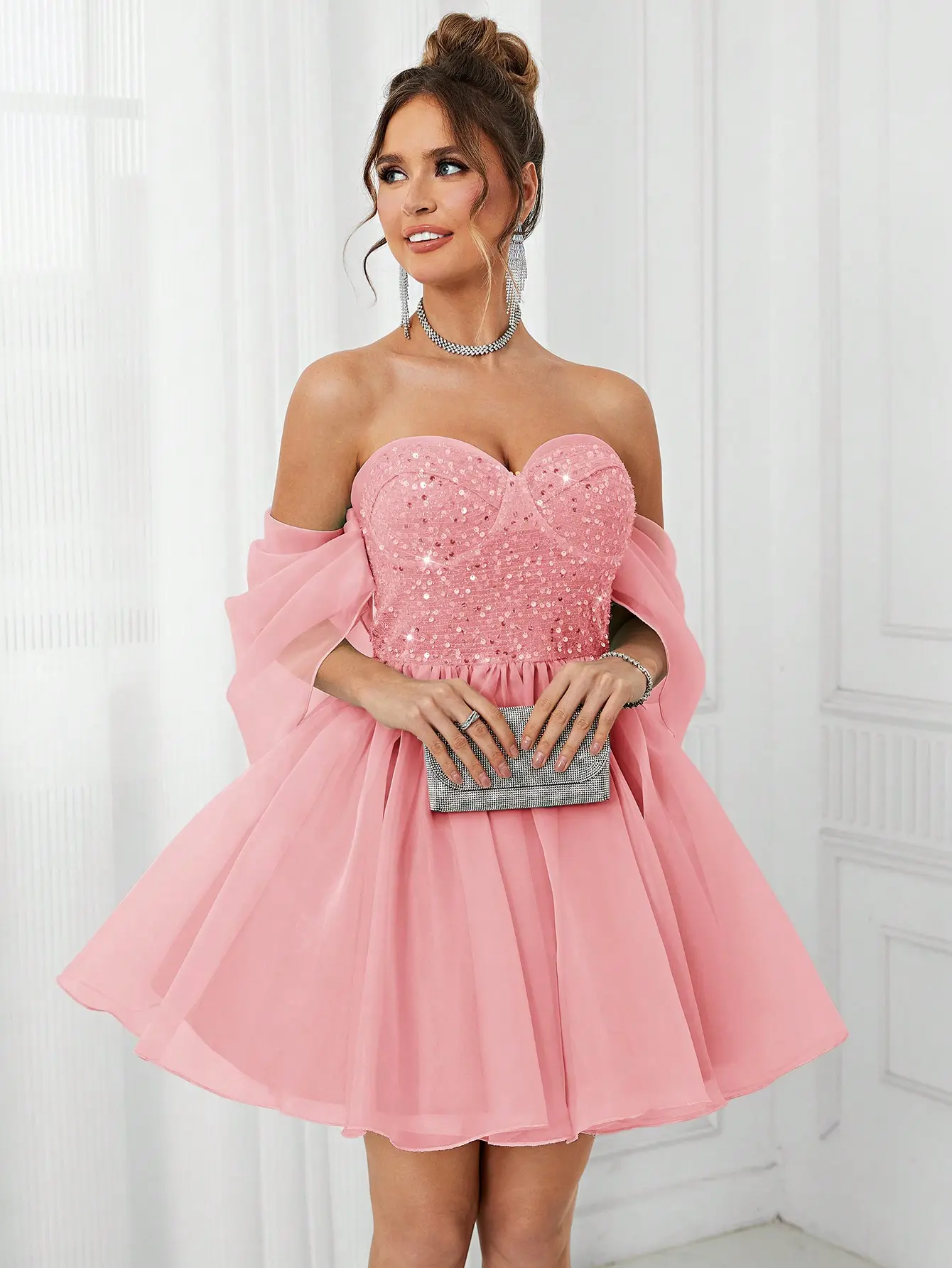 Off Shoulder Puffy Puff Sleeve Dress With Sequins Decor And Large A-Line Dress, Perfect For Cocktail Parties Prom Semi Formal Wedding Guest Dress, For Birthday, Graduation, Homecoming Party Dress