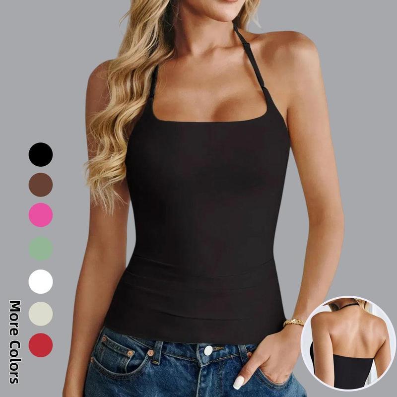 Women's Halter Strap No-Bra Camisole - Sleeveless, Double Lined, Backless, Slim Fit Y2K 2000s Vintage Clothes, Soft Polyester Elastic Minimalist Fabric, Non-Iron, Ideal for Summer SwimWeek, Chic Going Out Tops, Everyday Tops, Female Stylish Clothes
