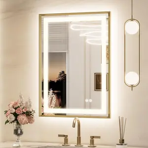 22 x 30 in gold led mirror with frontlit backlit lighted mirrors for bathroom wall modern brushed frame beveled edge tempered glass 3 color lights defogging dimmable memory function