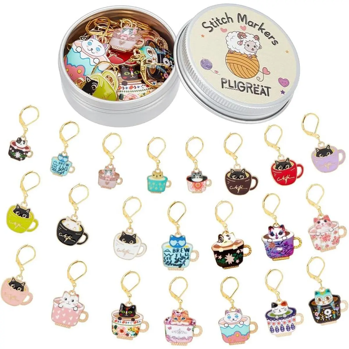 22 Pcs Enamel Coffee Cup Cat Stitch Marker Ornament Set Knitting Stitch Counter DIY Ornaments Crafts Making Accessories Gift for Mom Woman Tailor Shop Supplies