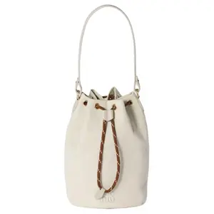 Women's MIU MIU Embroidered Logo Bucket Bag - Drawstring Closure, Drawstring Purse, Embellished Shoulder Bag in Chalk White