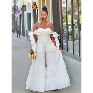 [White Elegant Jumpsuit] White Elegant Off-Shoulder Wide-Leg Jumpsuit for Women |   Sleeveless, High-Low Hem, Ruffle Detail, Textured Fabric, Perfect for Spring/Summer Parties & Casual Outings