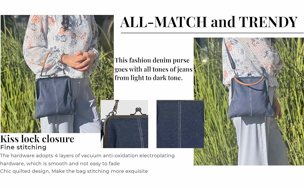Denim Crossbody Tote Bags For, Mini Blue Denim Totebag Kiss Lock Purses And Handbags Accessories