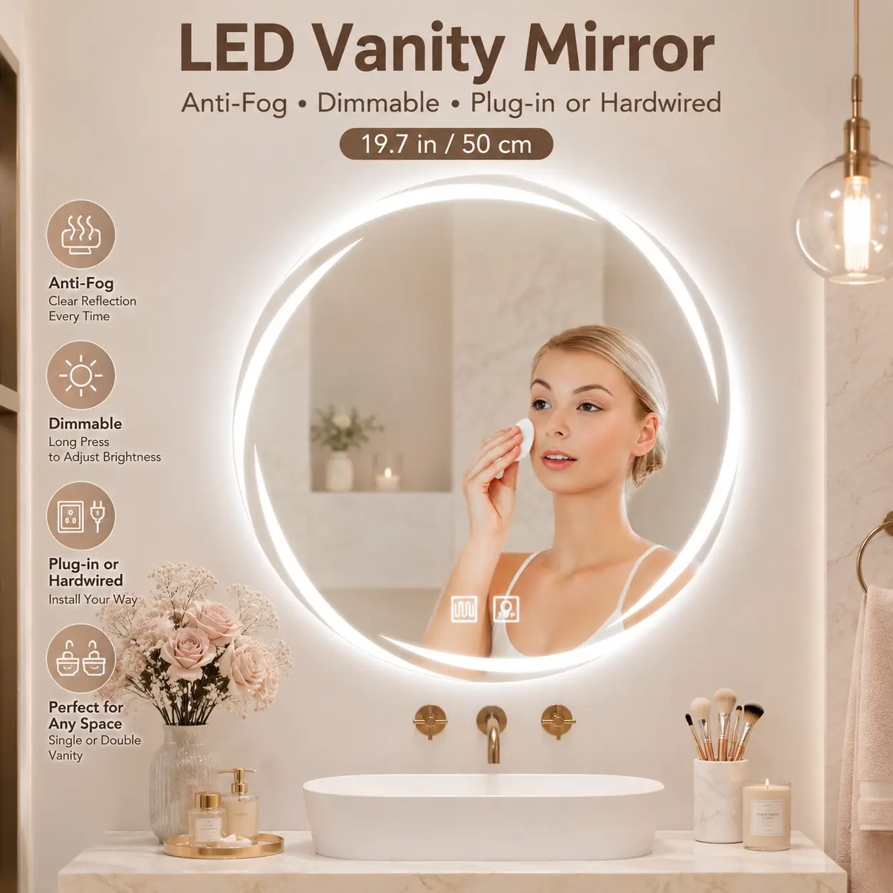 20-Inch Round LED Bathroom Mirror - Anti-Fog, Dimmable, Touch Control Bathroom Fixture for Home Improvement double front antifog modern Smart Screen large free