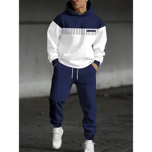 Men's Autumn and Winter Striped Printed Patchwork Color-Block Hoodie Sweatpants