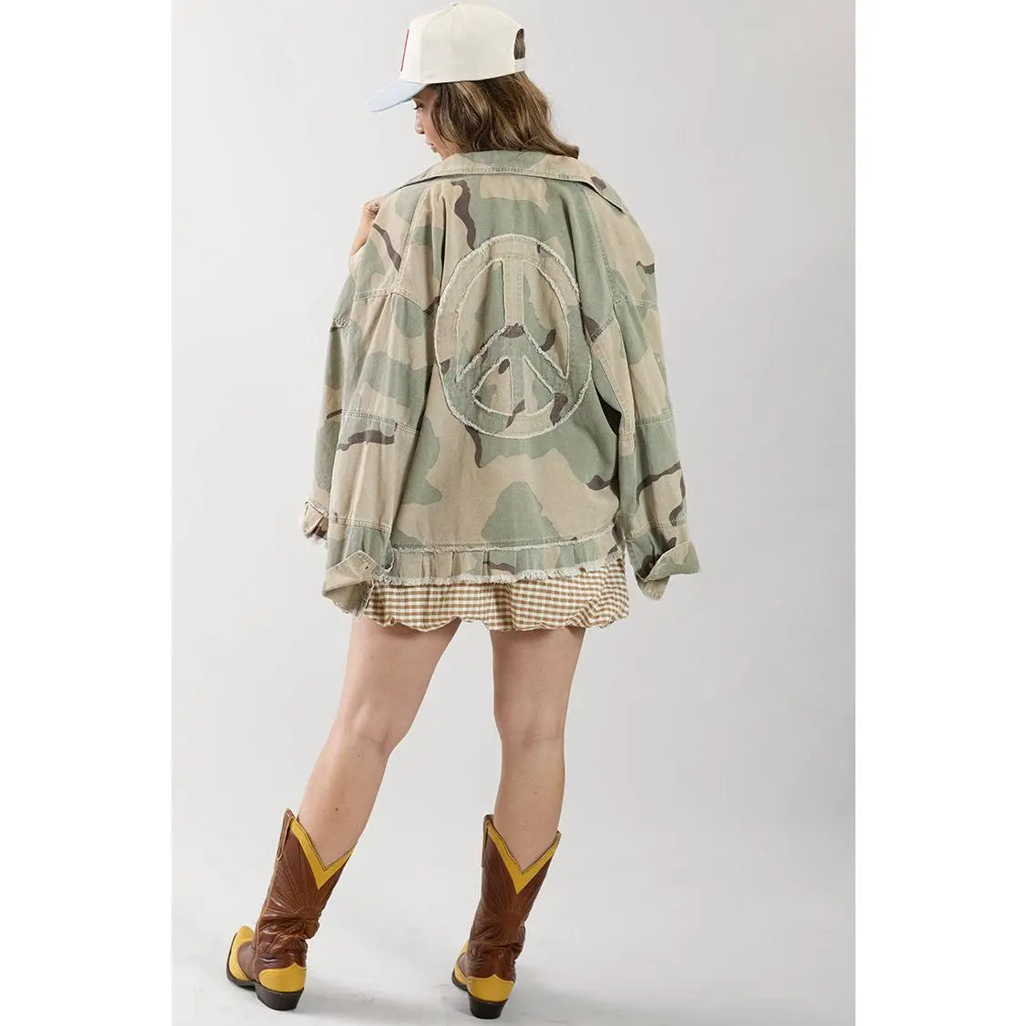 Camo Ruffle Hem Peace Sign Shacket