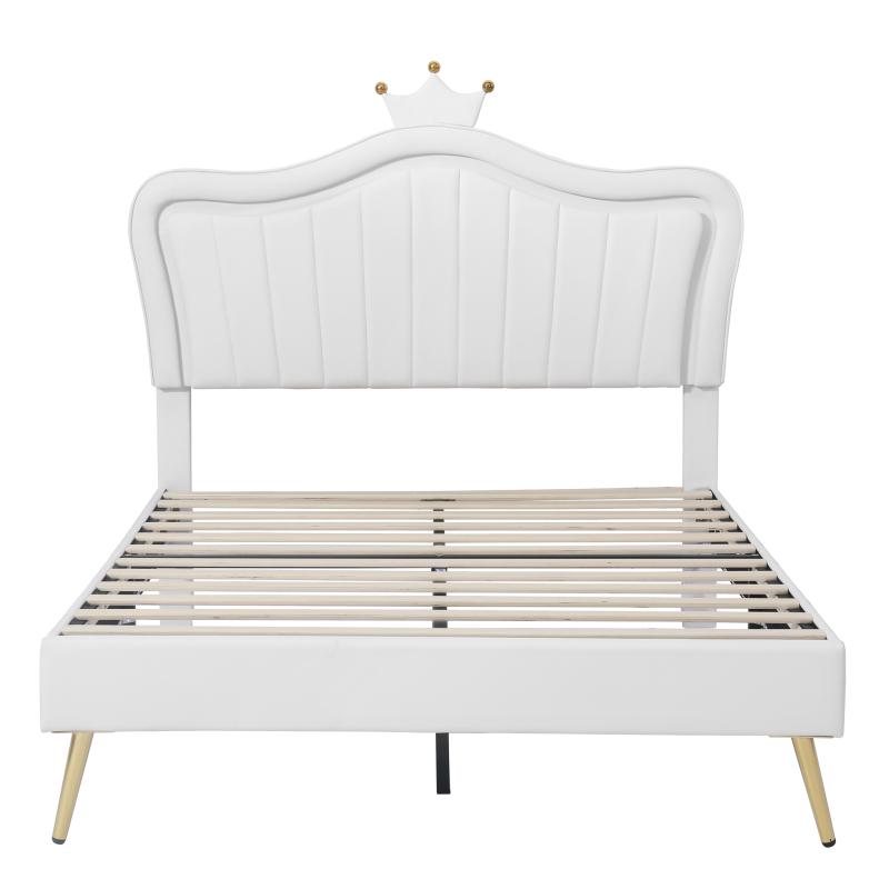 【Bellemave】Twin Size Upholstered Bed Frame with LED Lights,Modern Upholstered Princess Bed With Crown Headboard,White