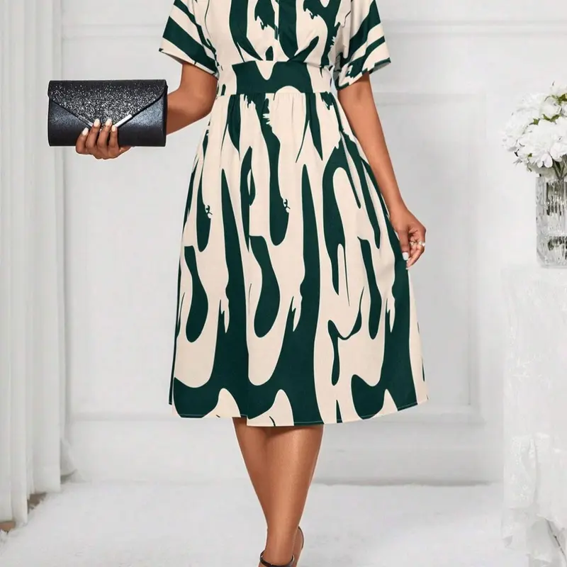 Women's All Over Print Batwing Sleeve Shirred A Line Woven Lightweight Dress, Elegant Chic V Neck Short Sleeve Midi Dress, Ladies Summer Clothes for Daily Wear